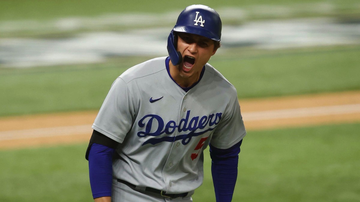 Los Angeles Dodgers shortstop Corey Seager (5) celebrates a two run homerun against the Atlanta Braves during the seventh inning in game five of the 2020 NLCS at Globe Life Field.